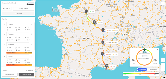 EV Truck Route Planner est le premier calculateur d’itinéraires au monde spécifiquement conçu pour les flottes électriques.<br>
   Crédit photo : PTV Logistics