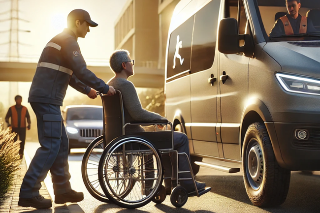 Chauffeur aidant une personne en fauteuil roulant à monter.